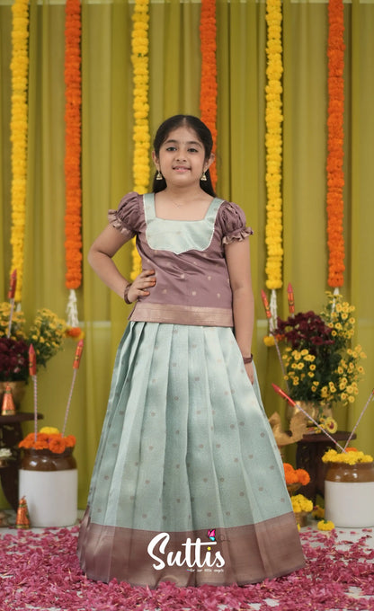 Blended Silk Pavadai Sattai - Pastel Blue and Light Brownish Beige Kids-Suttis
