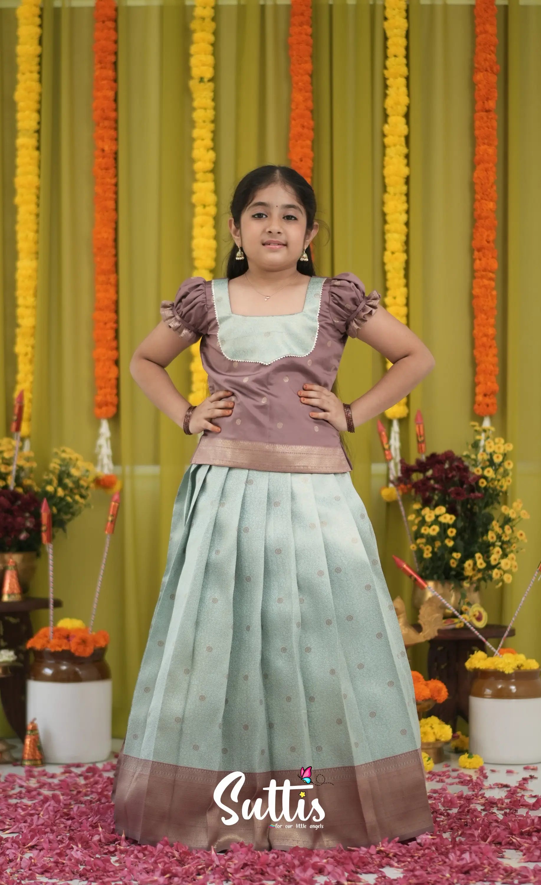 Blended Silk Pavadai Sattai - Pastel Blue and Light Brownish Beige Kids-Suttis