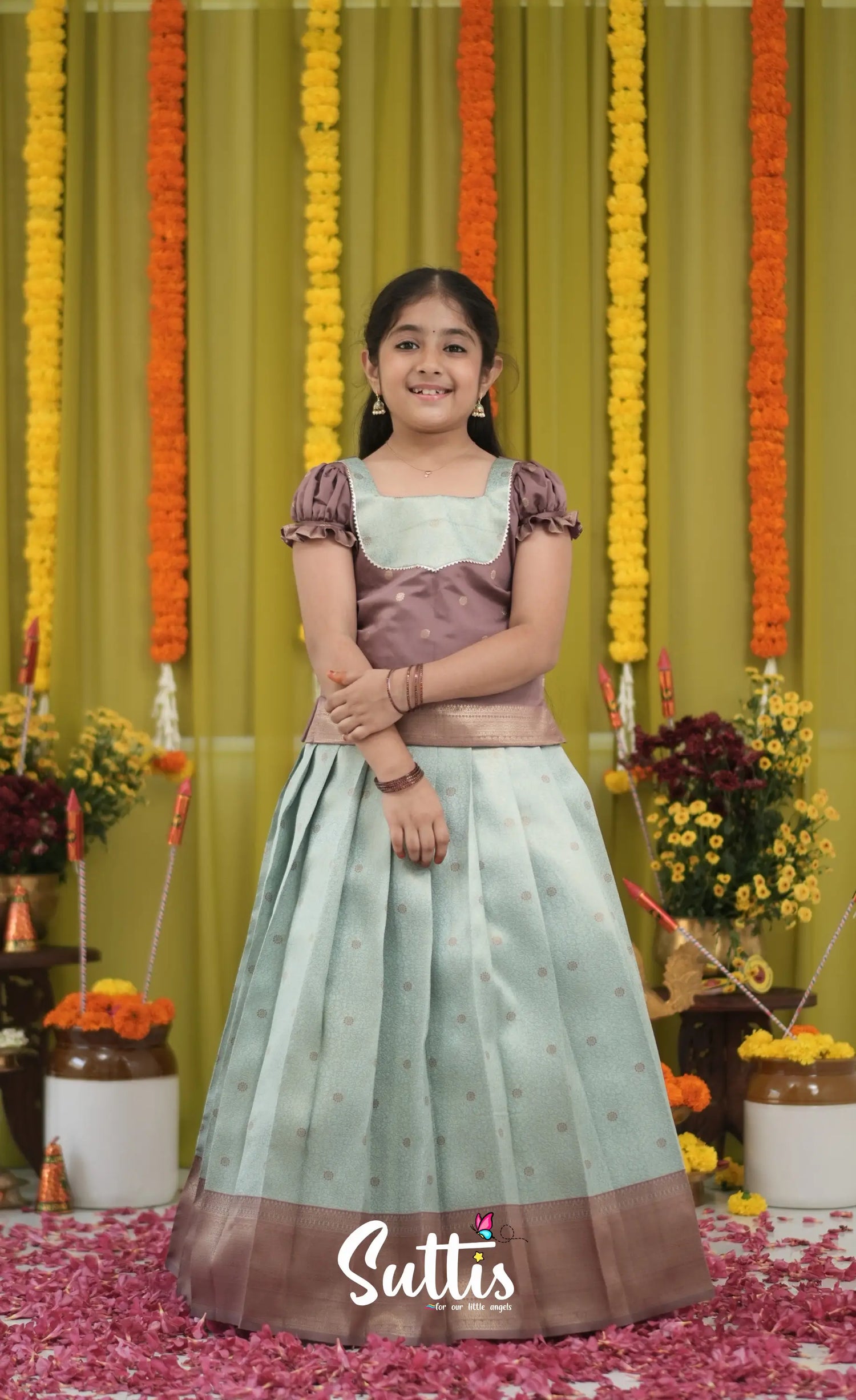 Blended Silk Pavadai Sattai - Pastel Blue and Light Brownish Beige Kids-Suttis