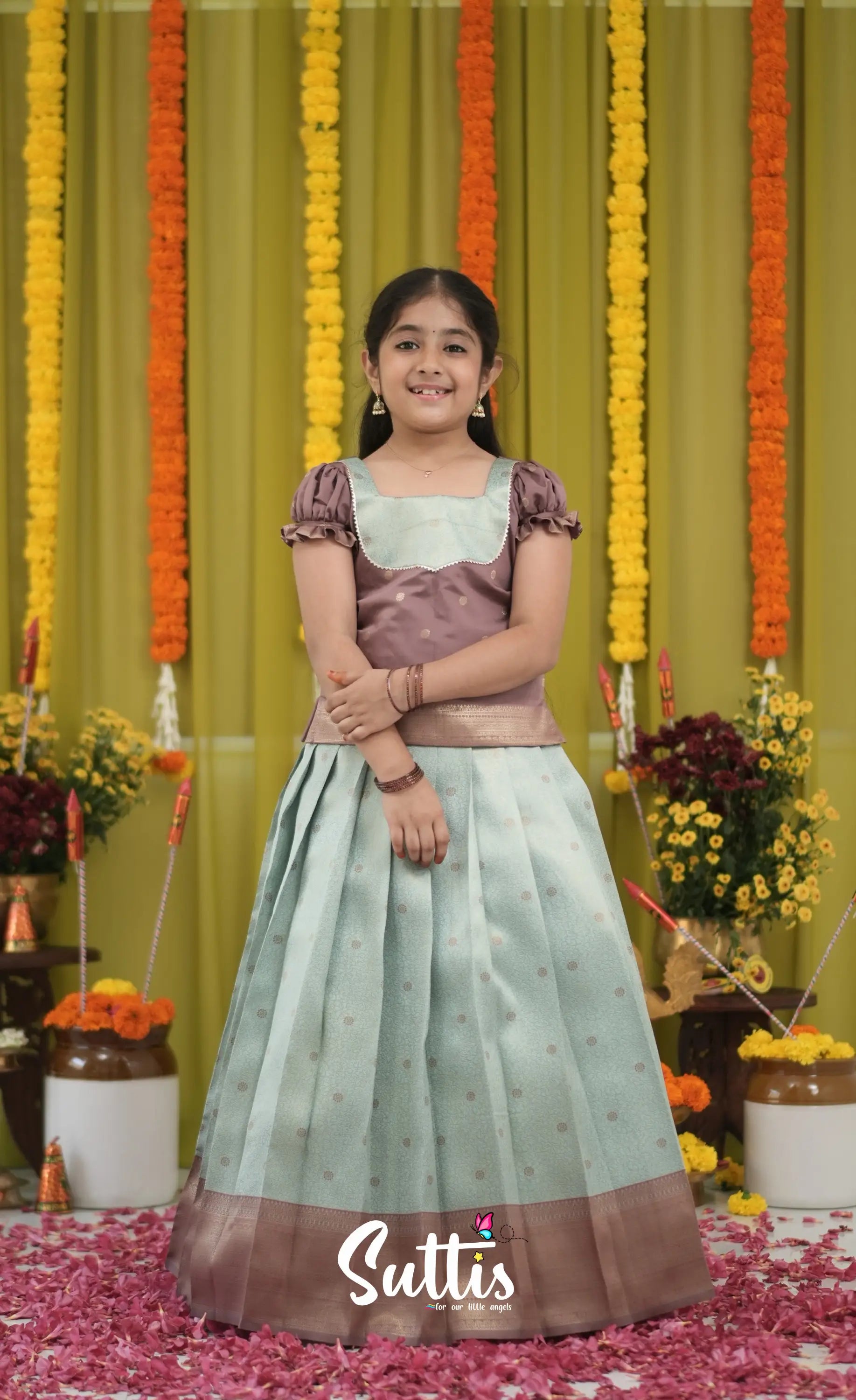 Blended Silk Pavadai Sattai - Pastel Blue and Light Brownish Beige Kids-Suttis