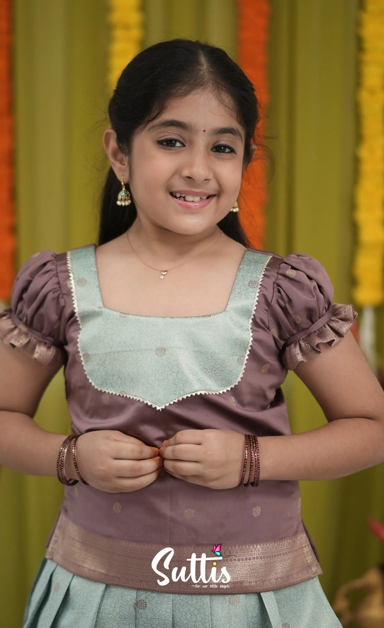 Blended Silk Pavadai Sattai - Pastel Blue and Light Brownish Beige Kids-Suttis