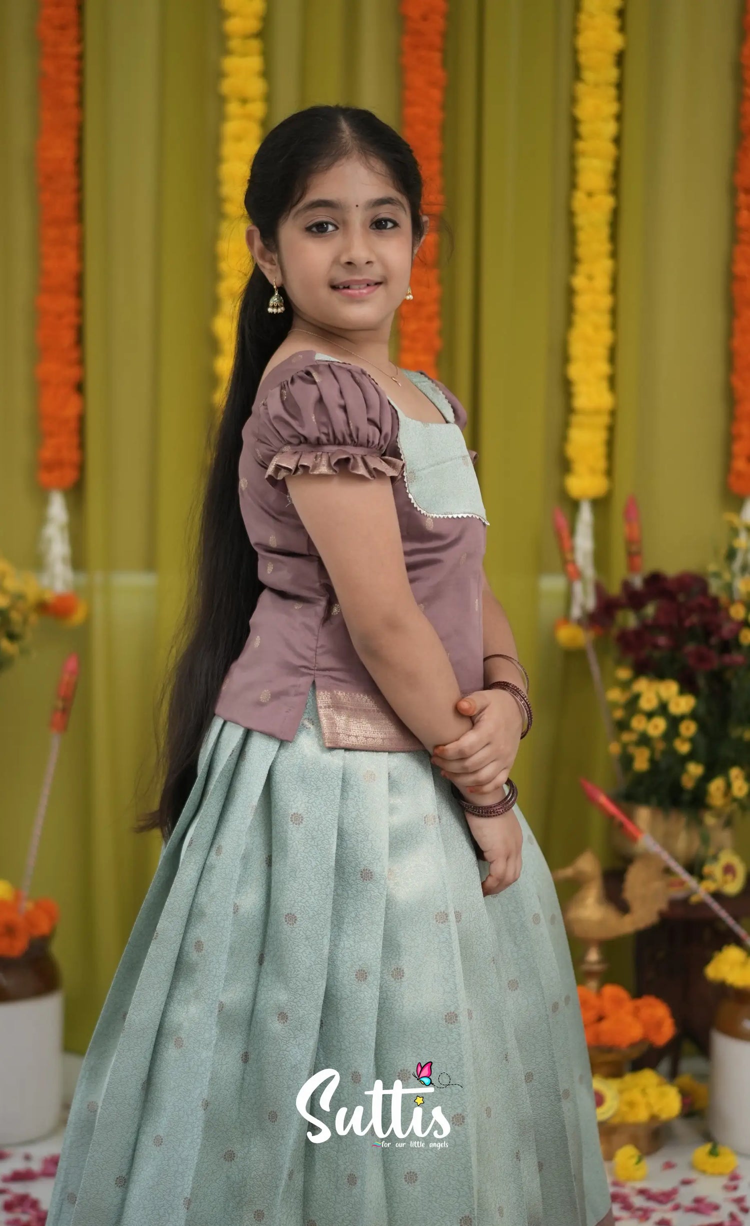 Blended Silk Pavadai Sattai - Pastel Blue and Light Brownish Beige Kids-Suttis