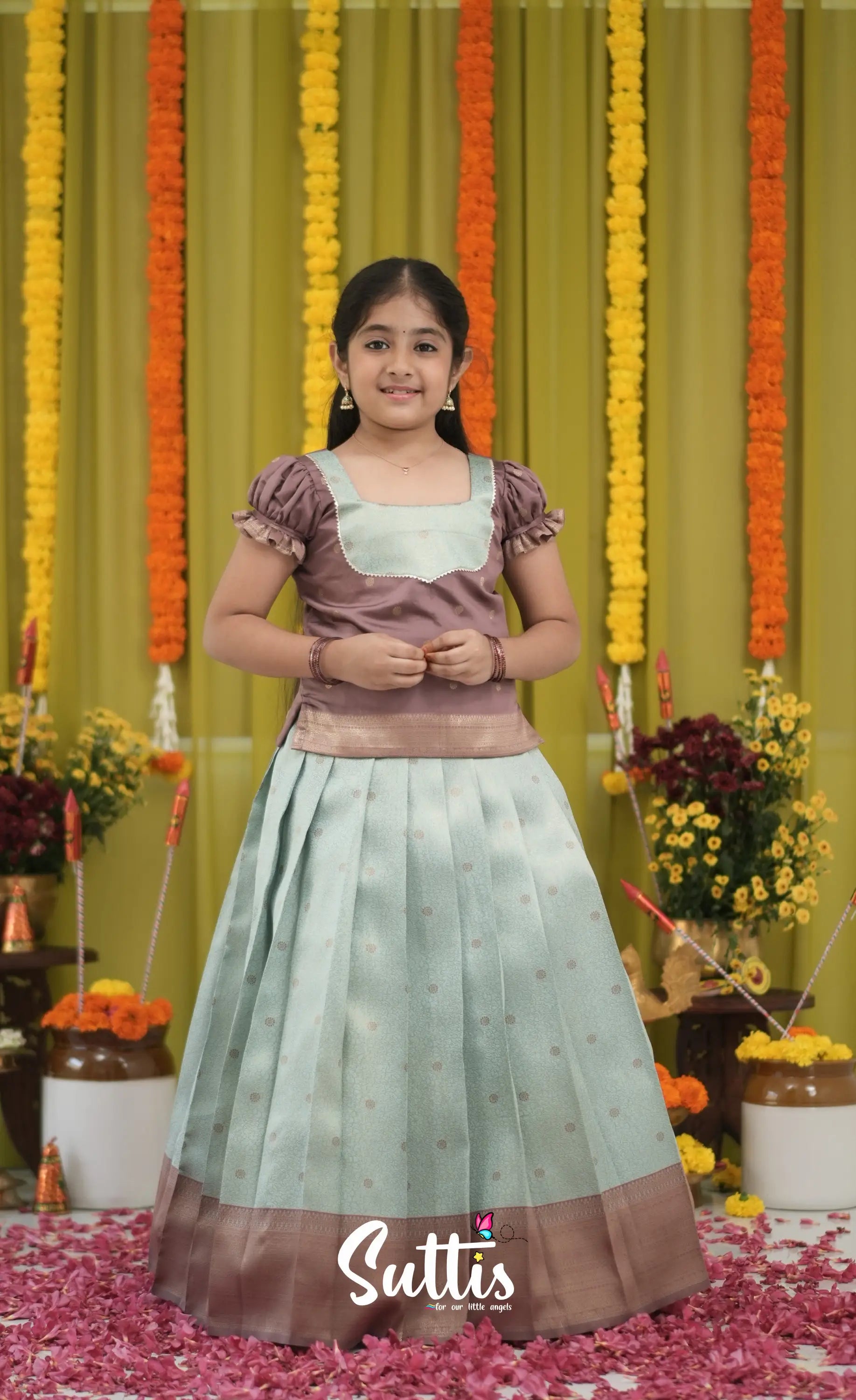 Blended Silk Pavadai Sattai - Pastel Blue and Light Brownish Beige Kids-Suttis