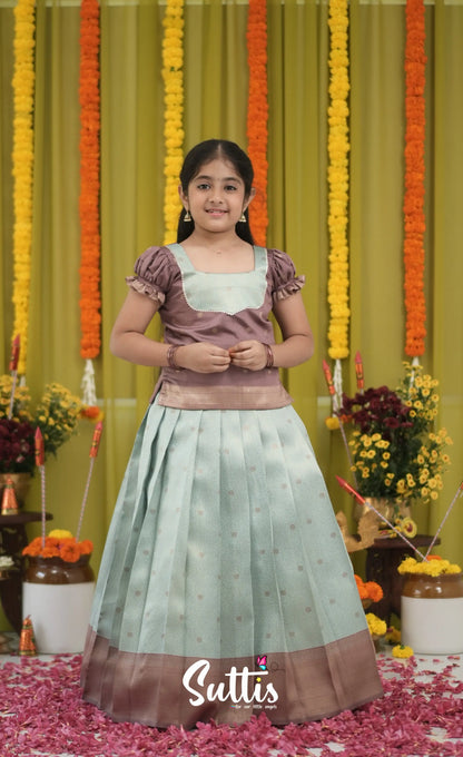 Blended Silk Pavadai Sattai - Pastel Blue and Light Brownish Beige Kids-Suttis