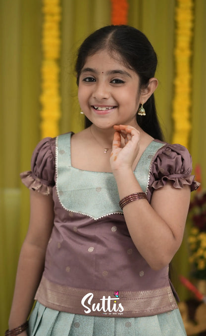 Blended Silk Pavadai Sattai - Pastel Blue and Light Brownish Beige Kids-Suttis