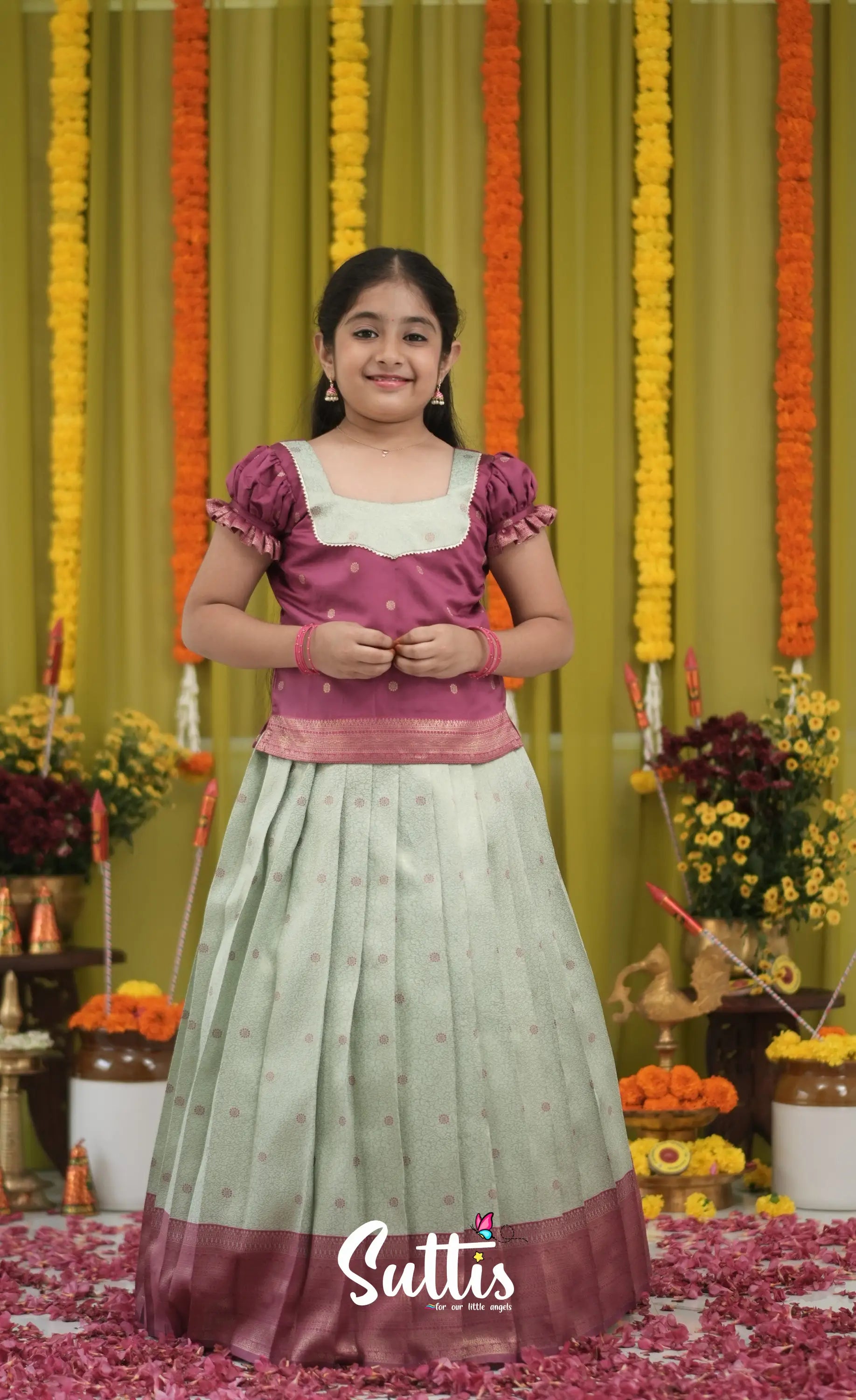 Blended Silk Pavadai Sattai - Pastel Blue and Magenta Pink Kids-Suttis