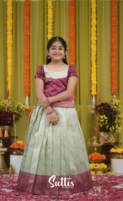 Blended Silk Pavadai Sattai - Pastel Blue and Magenta Pink Kids-Suttis