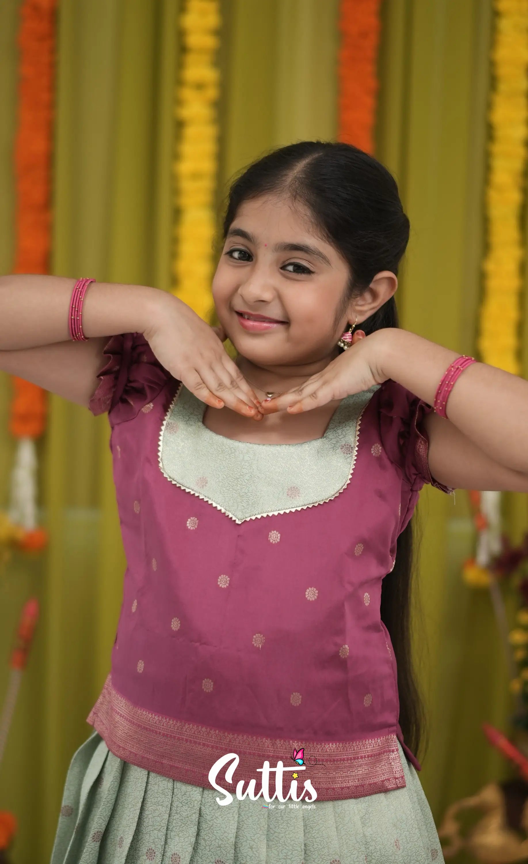 Blended Silk Pavadai Sattai - Pastel Blue and Magenta Pink Kids-Suttis