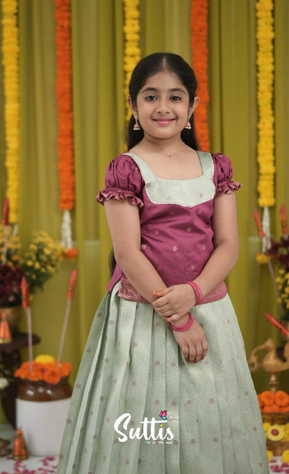 Blended Silk Pavadai Sattai - Pastel Blue and Magenta Pink Kids-Suttis