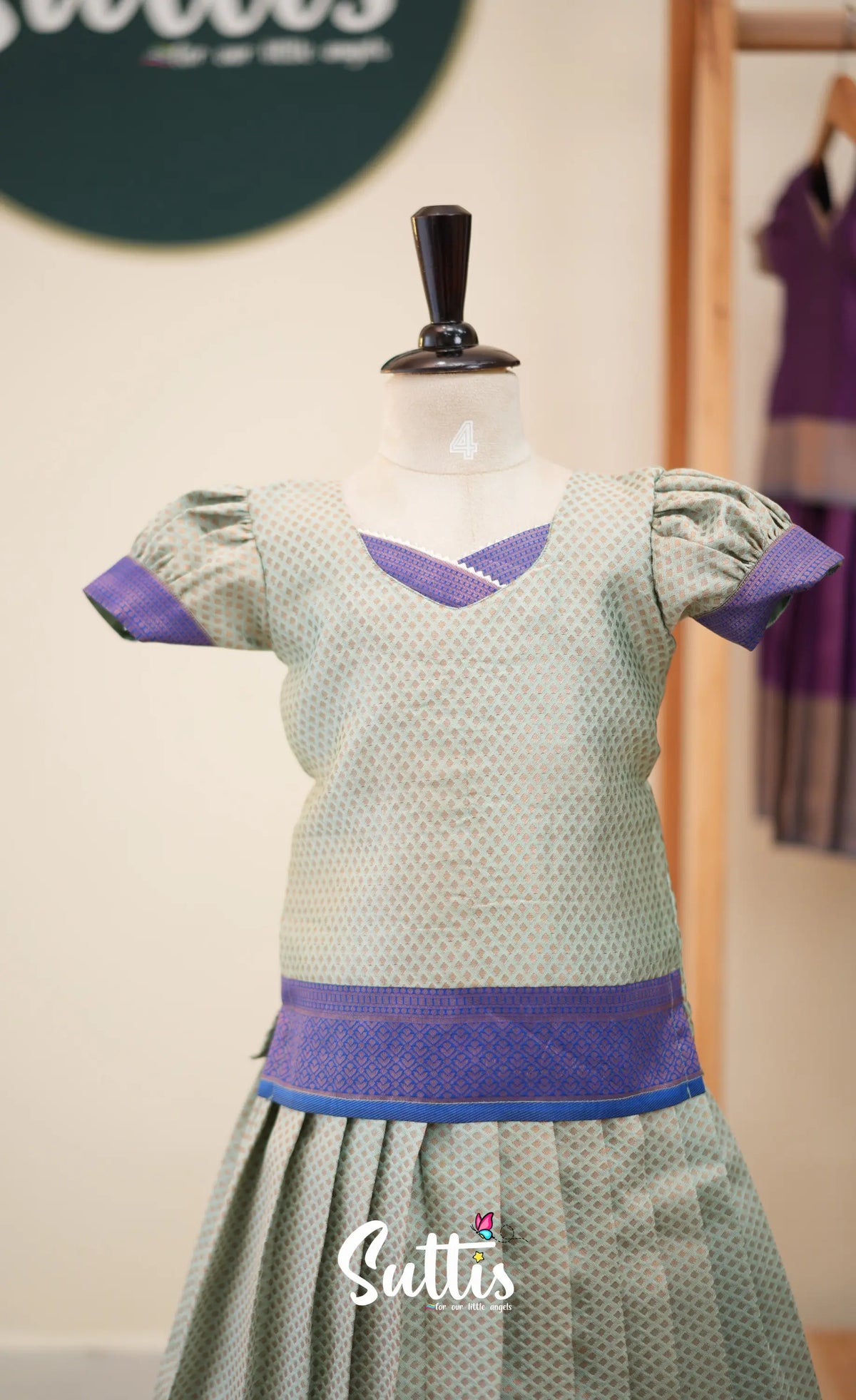 Blended Silk Pavadai Sattai - Pastel Blue and Royal Blue - Kids-Suttis