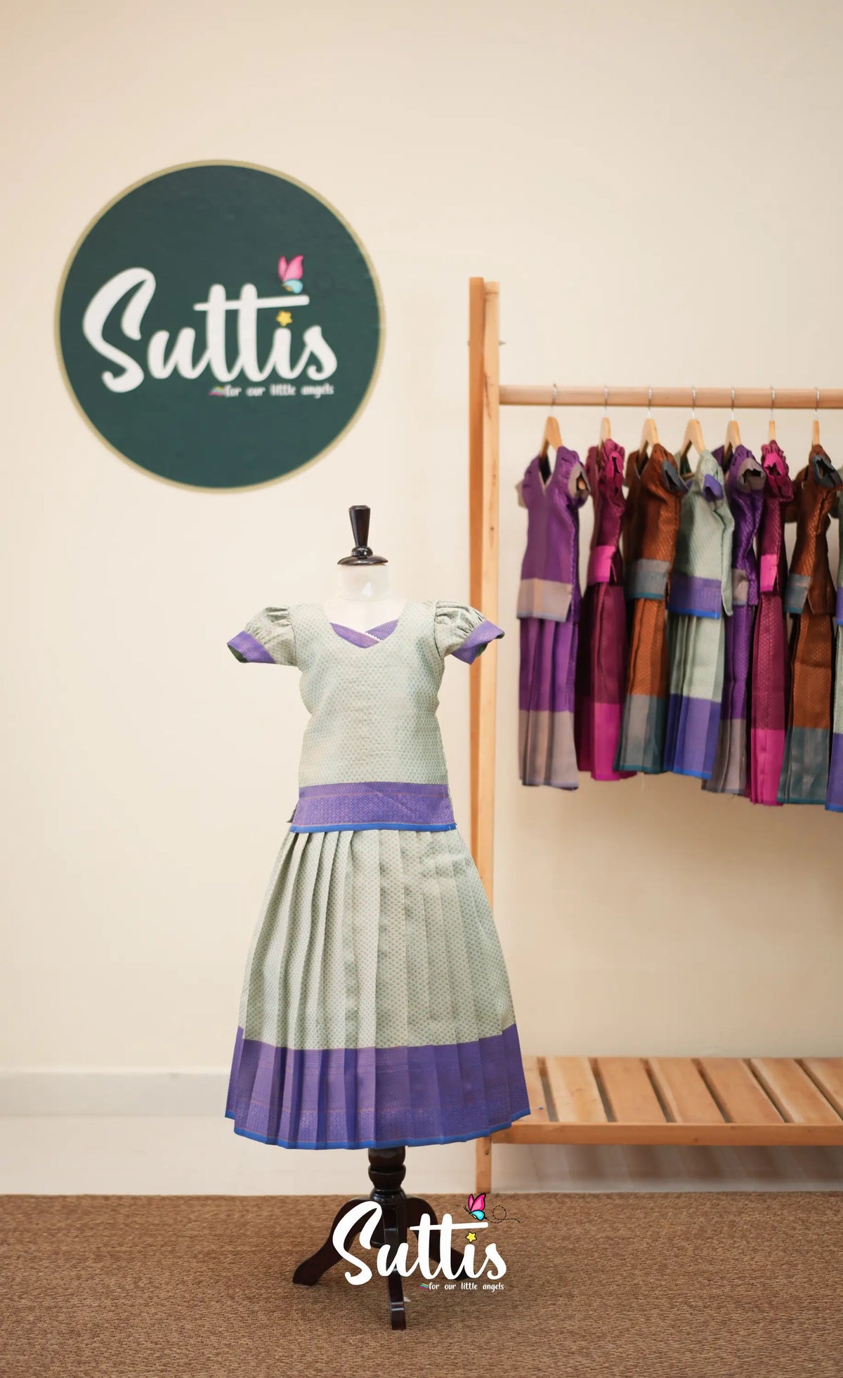 Blended Silk Pavadai Sattai - Pastel Blue and Royal Blue - Kids-Suttis