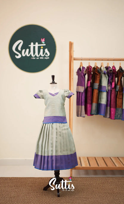 Blended Silk Pavadai Sattai - Pastel Blue and Royal Blue - Kids-Suttis