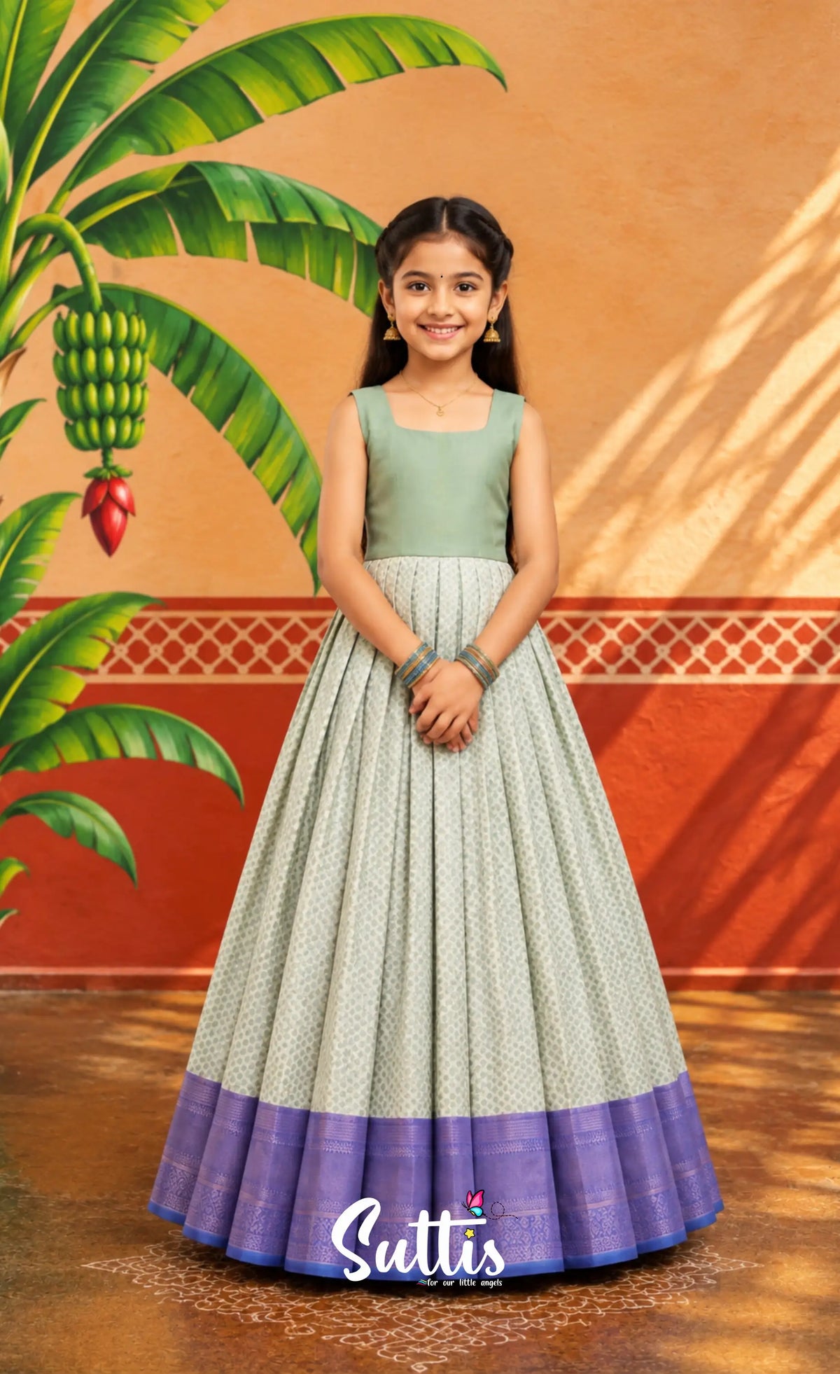 Blended Silk Pavadai Sattai - Pastel Blue and Royal Blue - Kids-Suttis