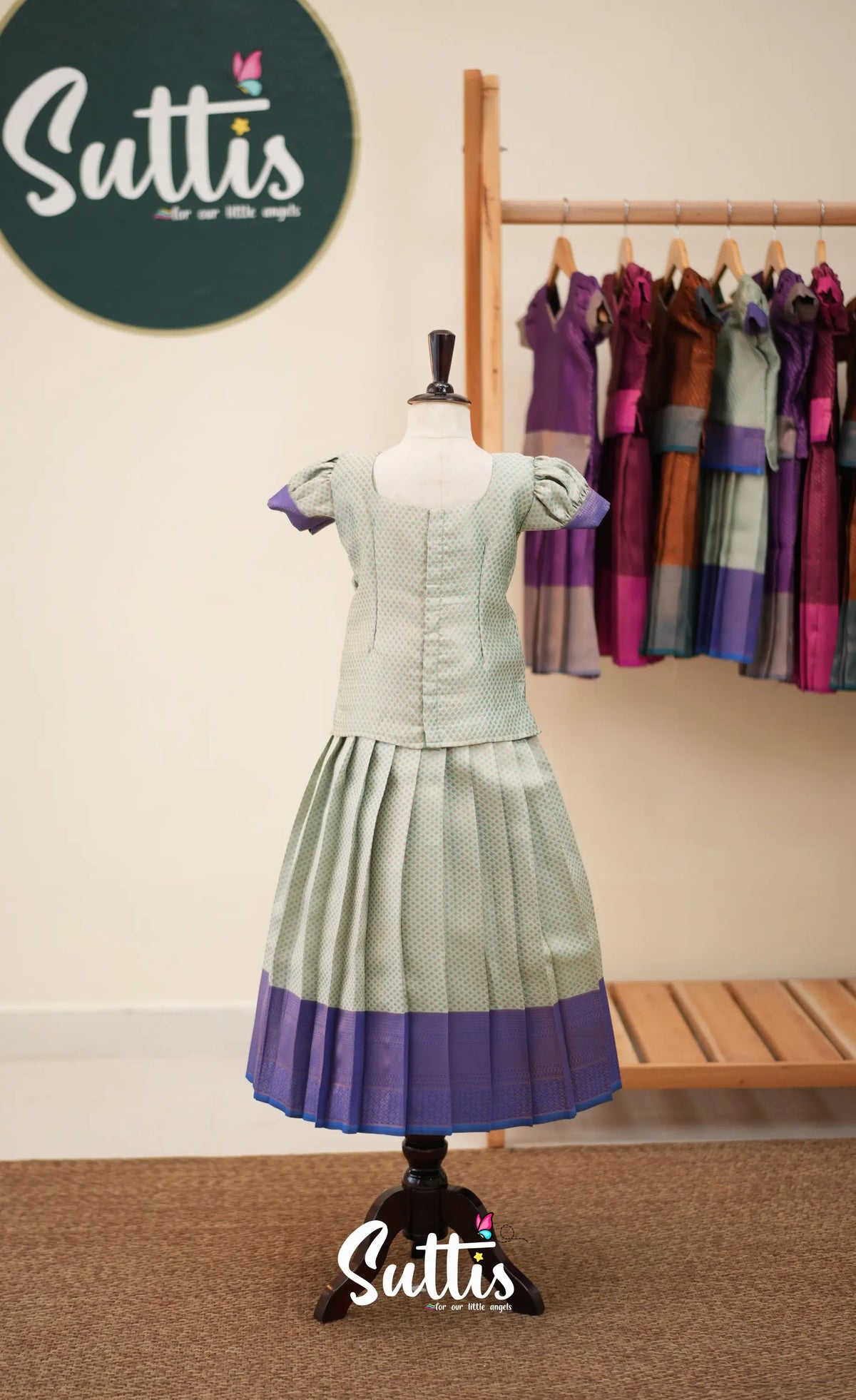 Blended Silk Pavadai Sattai - Pastel Blue and Royal Blue - Kids-Suttis