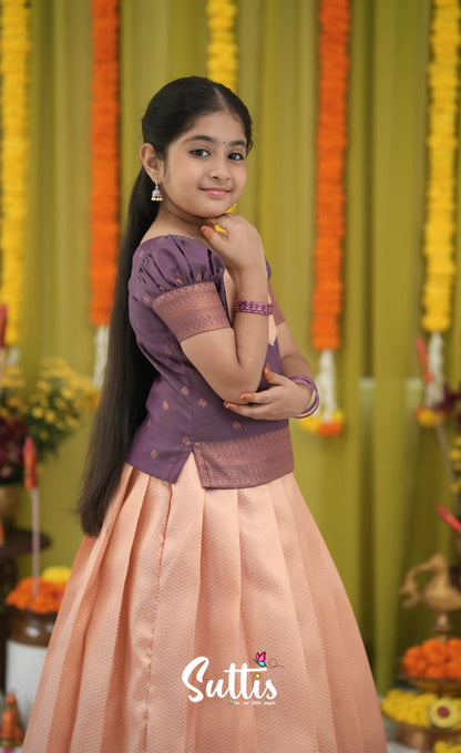 Blended Silk Pavadai Sattai - Peach and Purple Kids-Suttis