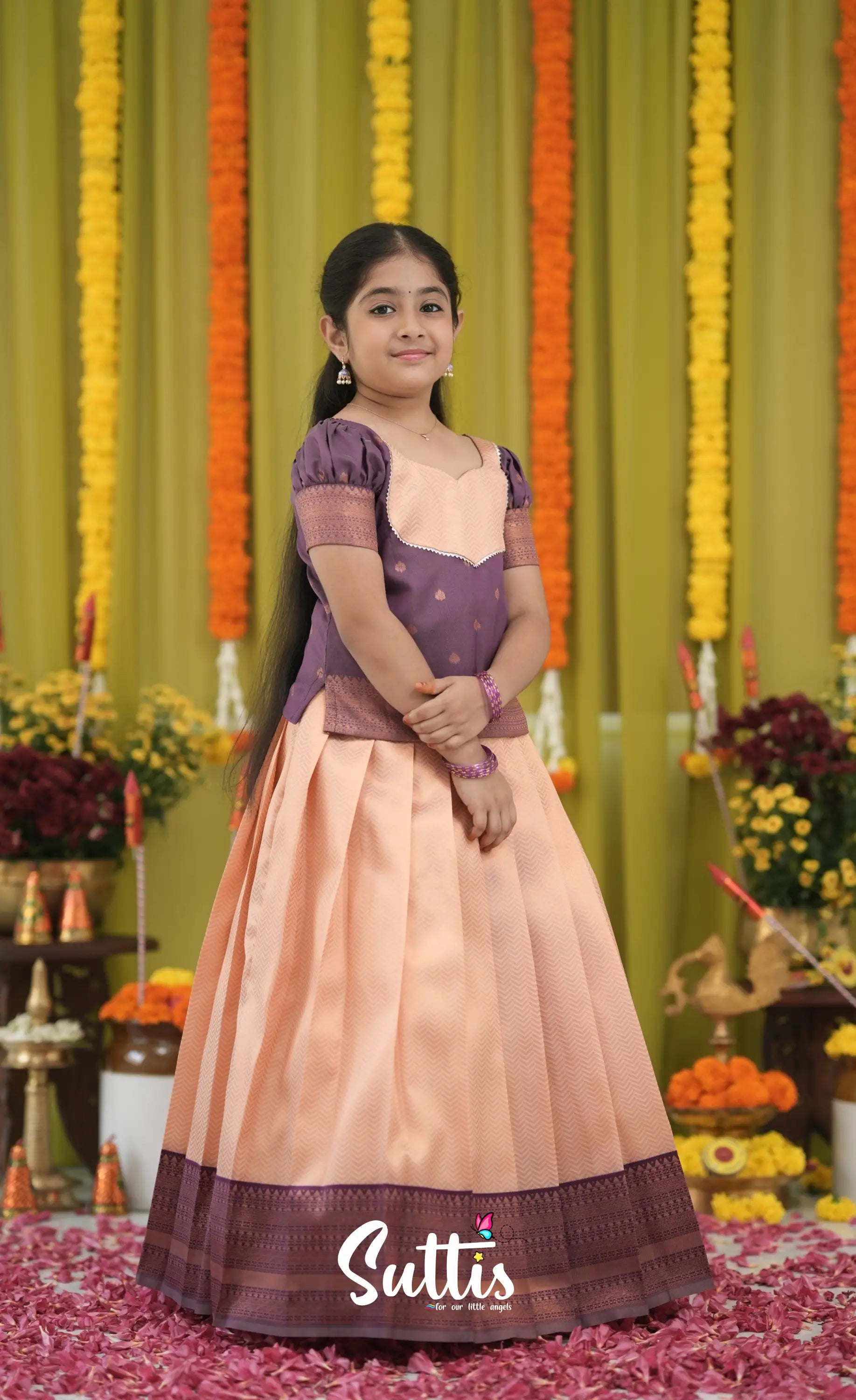 Blended Silk Pavadai Sattai - Peach and Purple Kids-Suttis