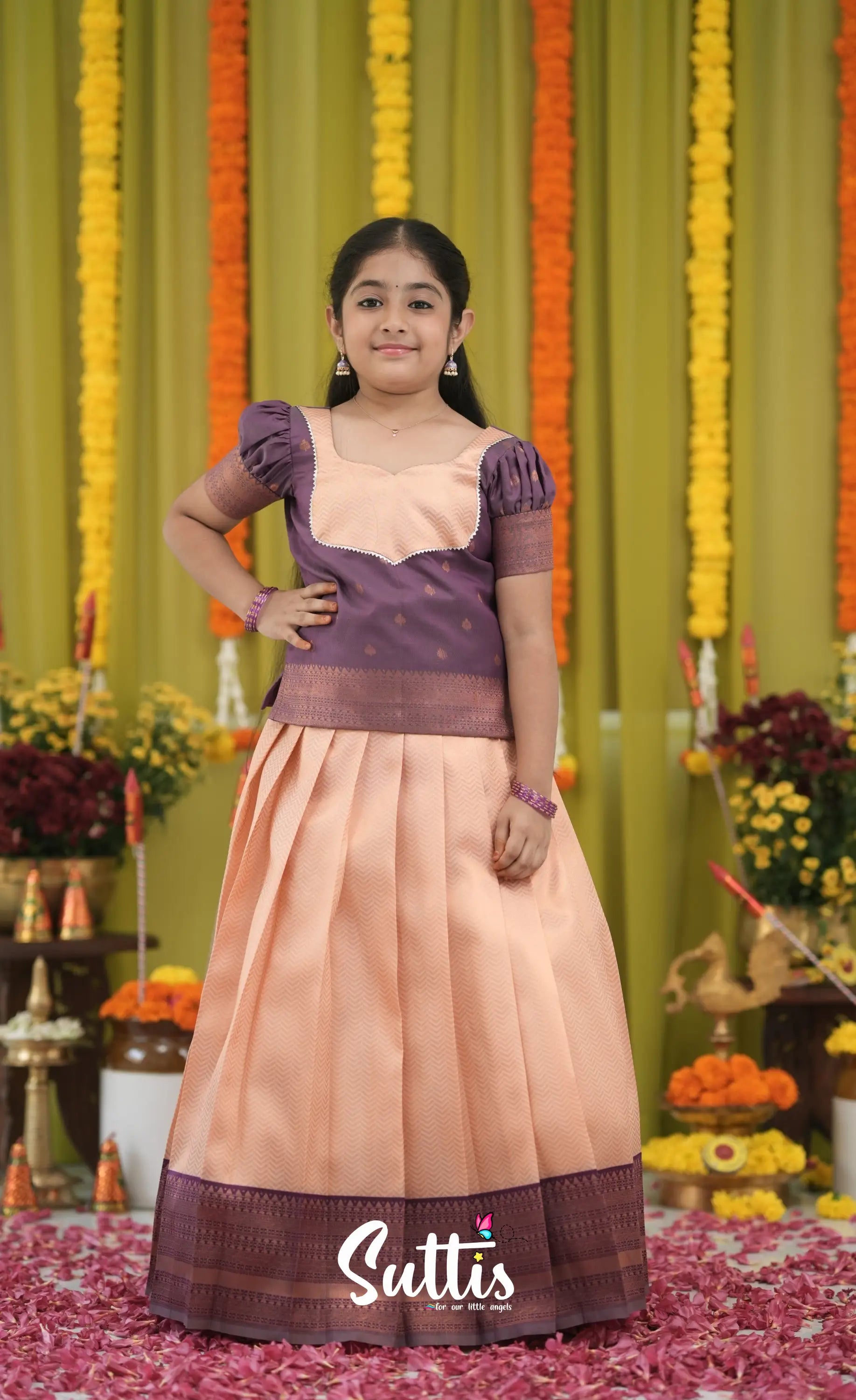 Blended Silk Pavadai Sattai - Peach and Purple Kids-Suttis