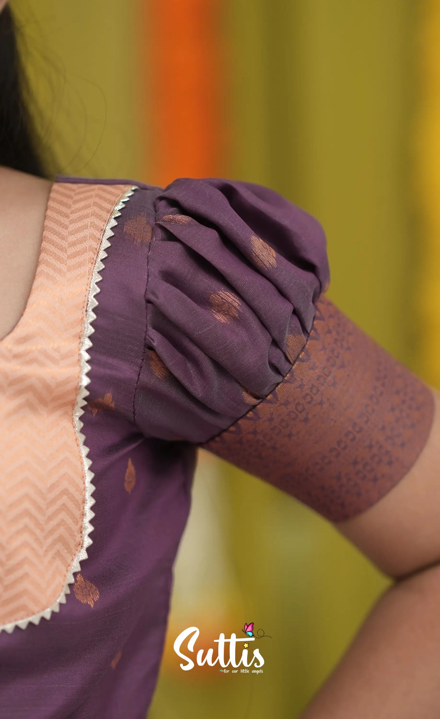 Blended Silk Pavadai Sattai - Peach and Purple Kids-Suttis