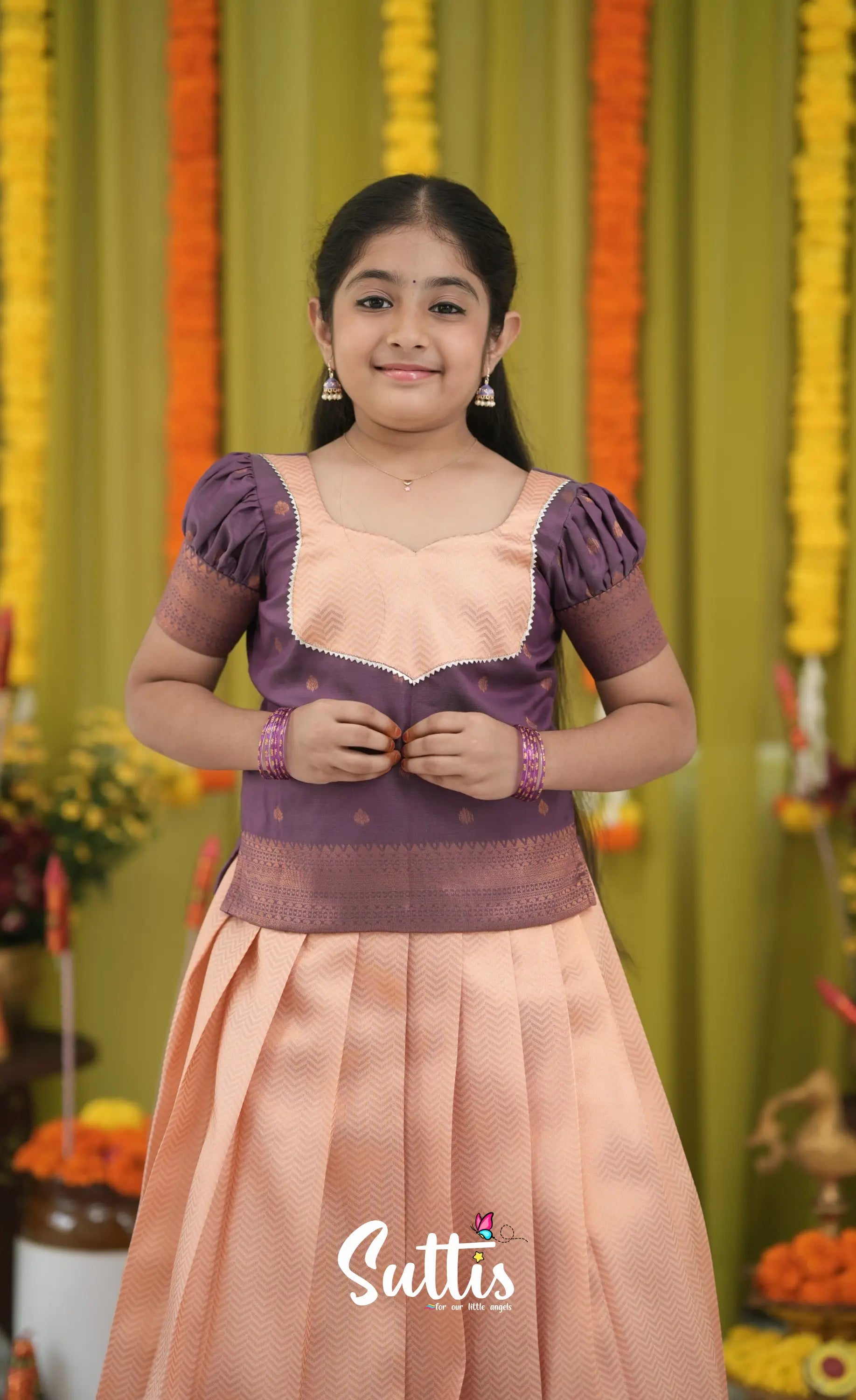 Blended Silk Pavadai Sattai - Peach and Purple Kids-Suttis