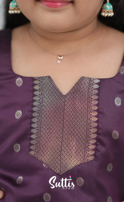 Blended Silk Pavadai Sattai Peacock Blue and Plum Kids Suttis