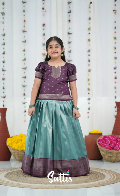 Blended Silk Pavadai Sattai Peacock Blue and Plum Kids Suttis