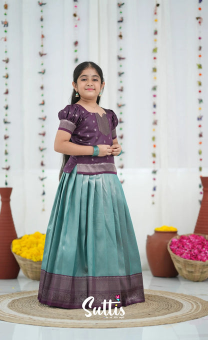 Blended Silk Pavadai Sattai Peacock Blue and Plum Kids Suttis