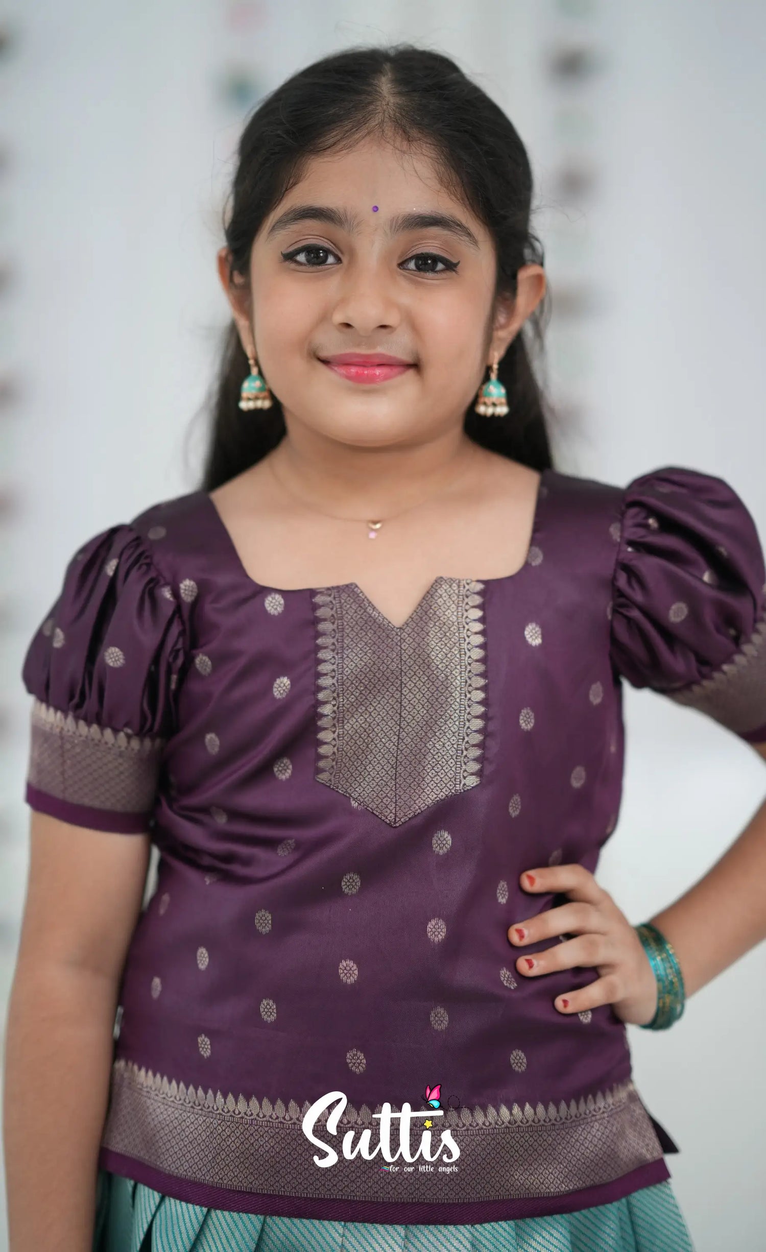 Blended Silk Pavadai Sattai Peacock Blue and Plum Kids Suttis