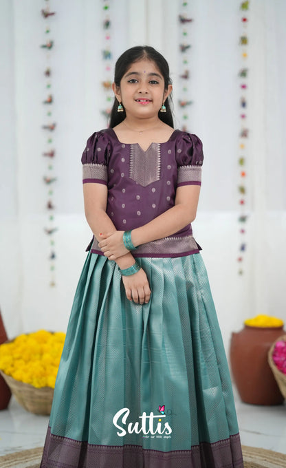 Blended Silk Pavadai Sattai Peacock Blue and Plum Kids Suttis