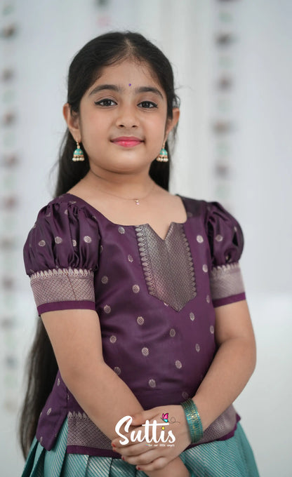Blended Silk Pavadai Sattai Peacock Blue and Plum Kids Suttis