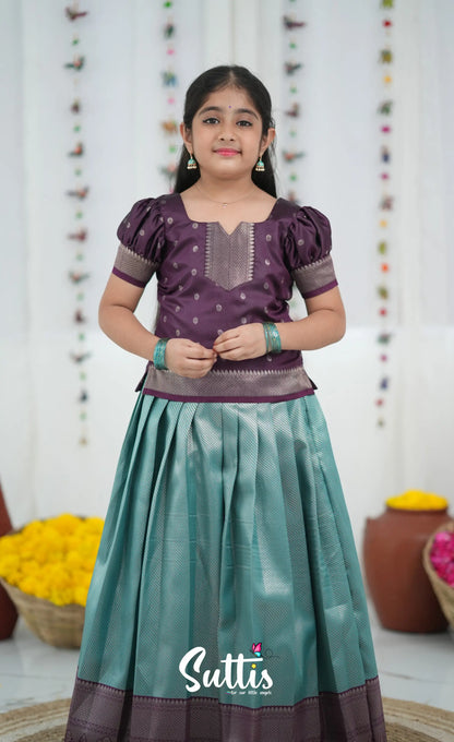 Blended Silk Pavadai Sattai Peacock Blue and Plum Kids Suttis