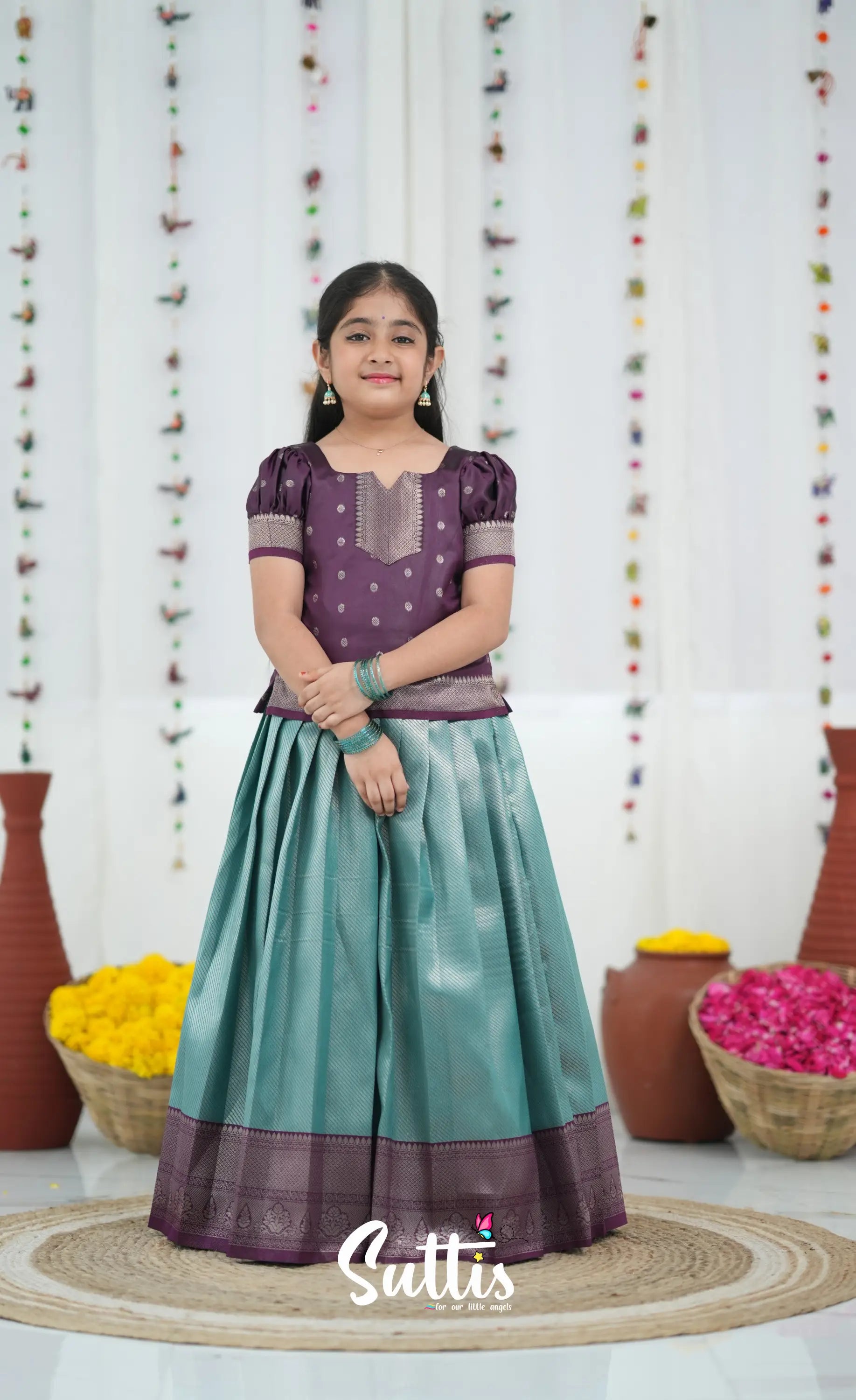 Blended Silk Pavadai Sattai Peacock Blue and Plum Kids Suttis