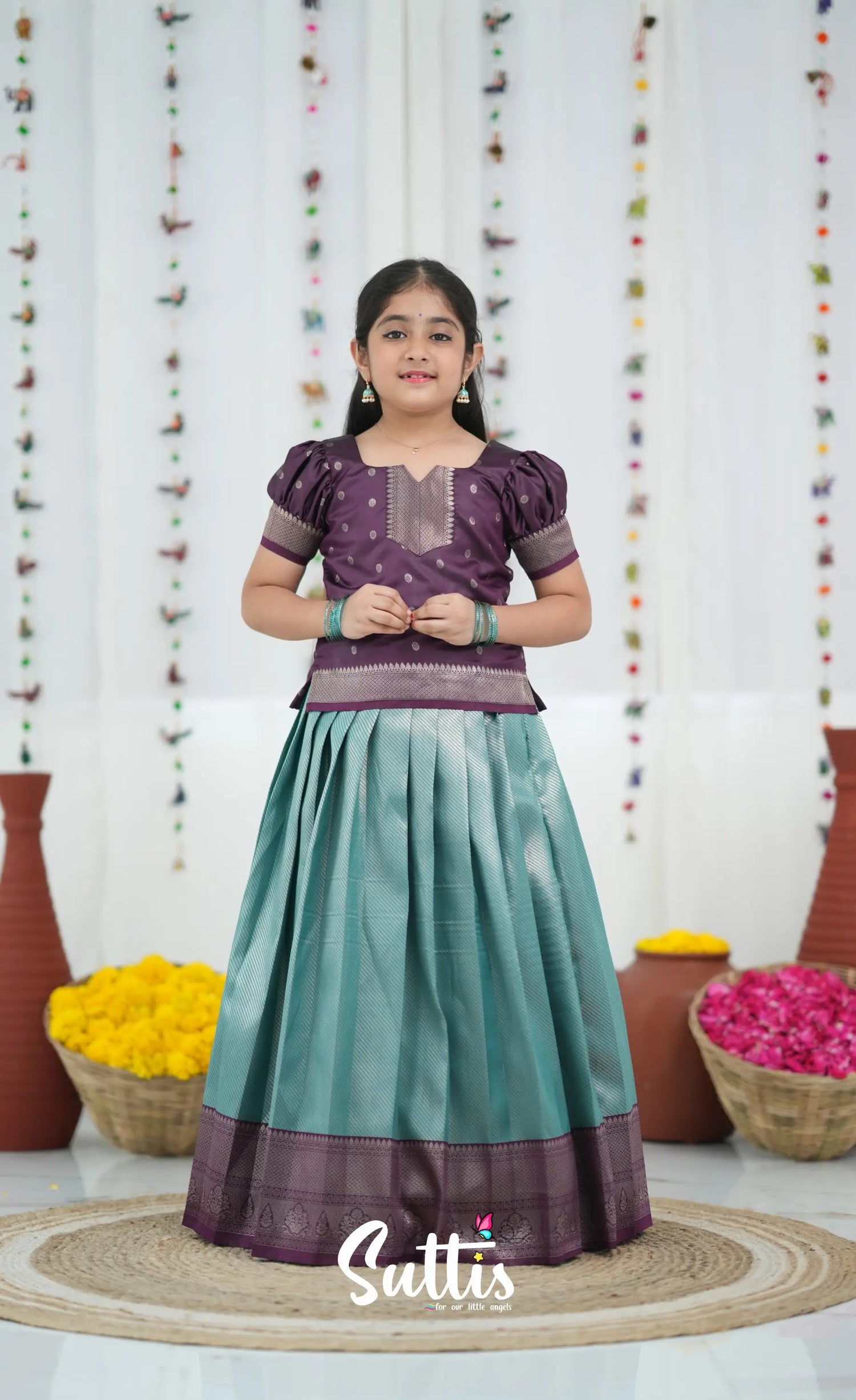 Blended Silk Pavadai Sattai Peacock Blue and Plum Kids Suttis