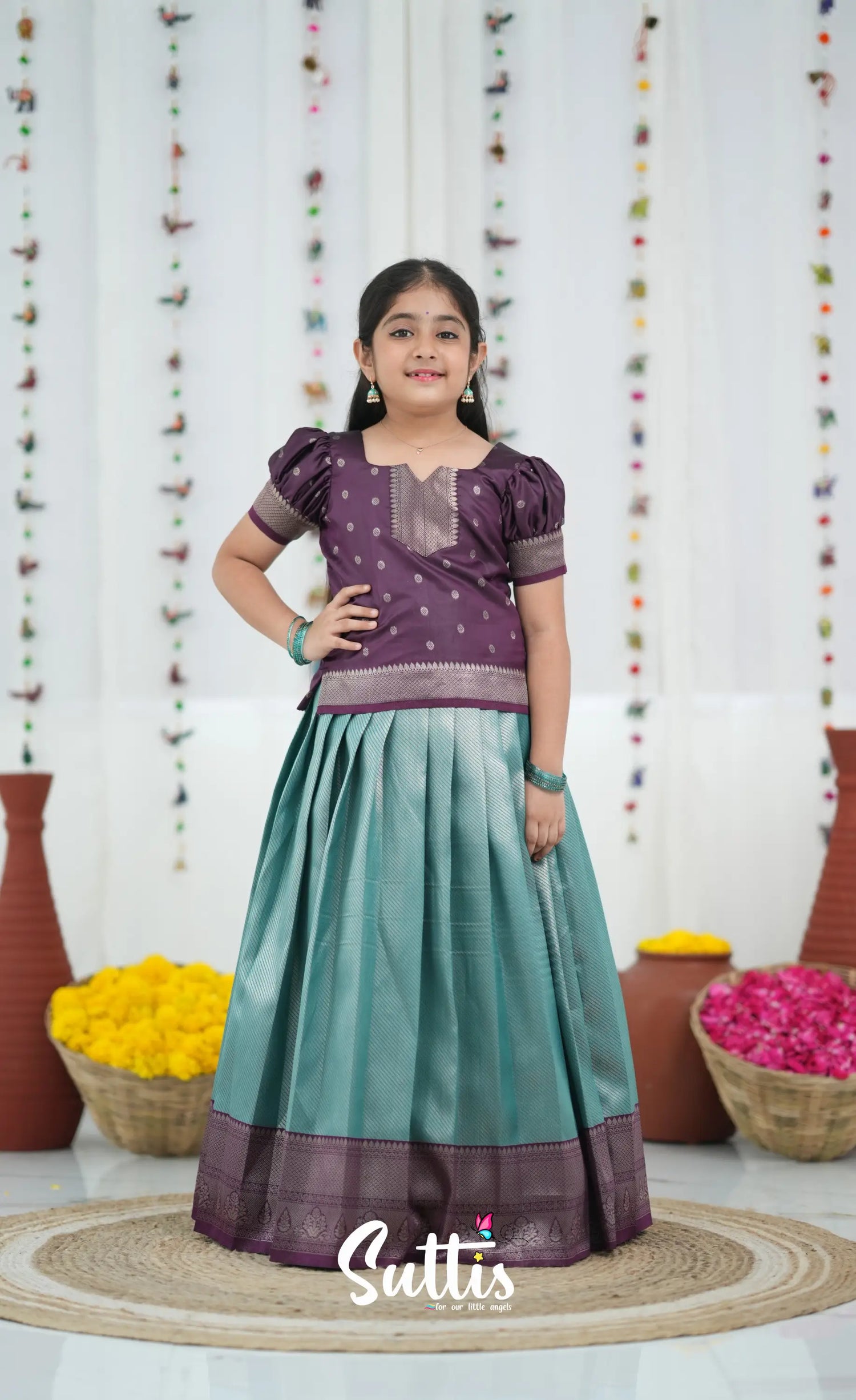 Blended Silk Pavadai Sattai Peacock Blue and Plum Kids Suttis