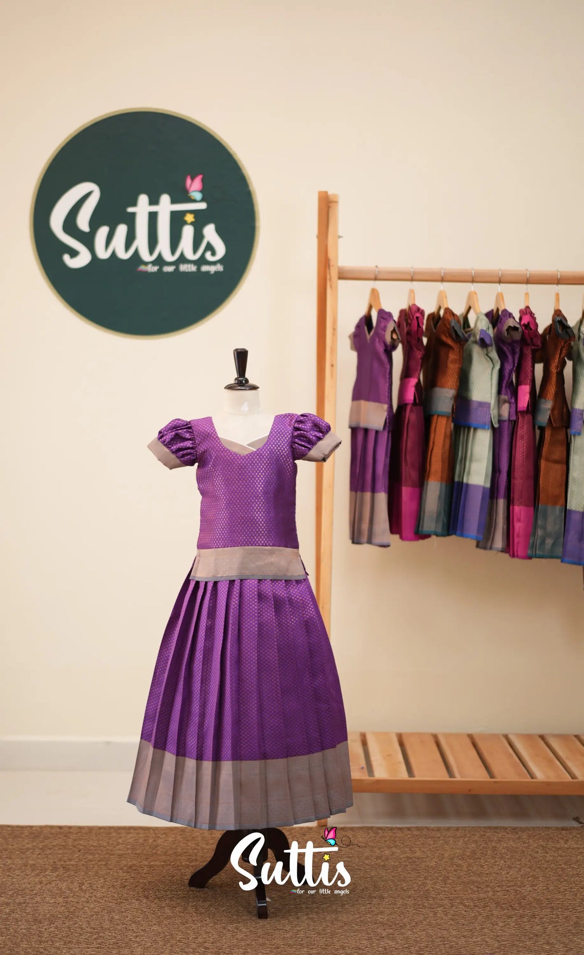 Blended Silk Pavadai Sattai - Purple and Grey - Kids-Suttis