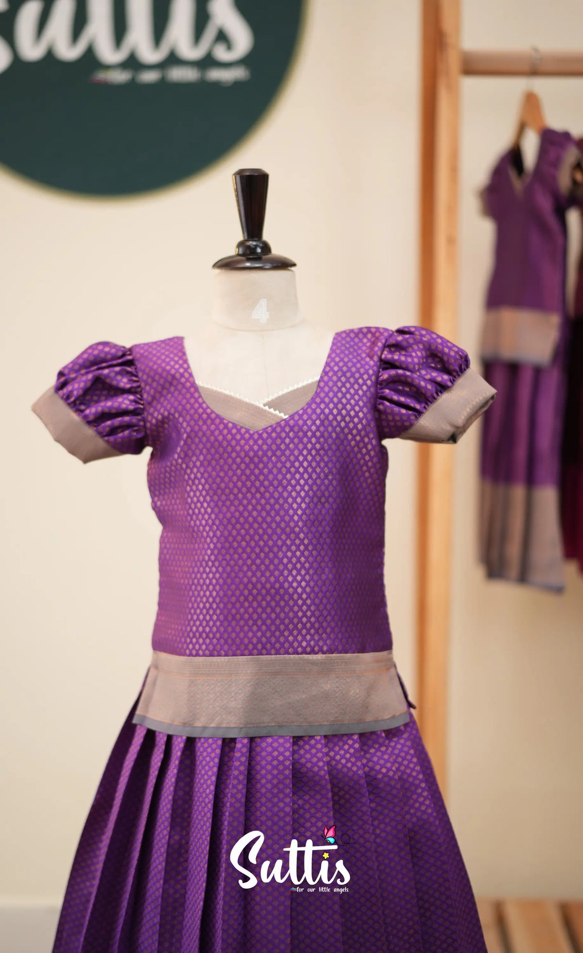 Blended Silk Pavadai Sattai - Purple and Grey - Kids-Suttis