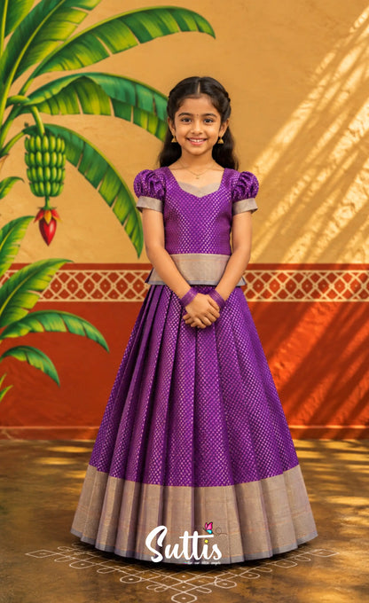 Blended Silk Pavadai Sattai - Purple and Grey - Kids-Suttis
