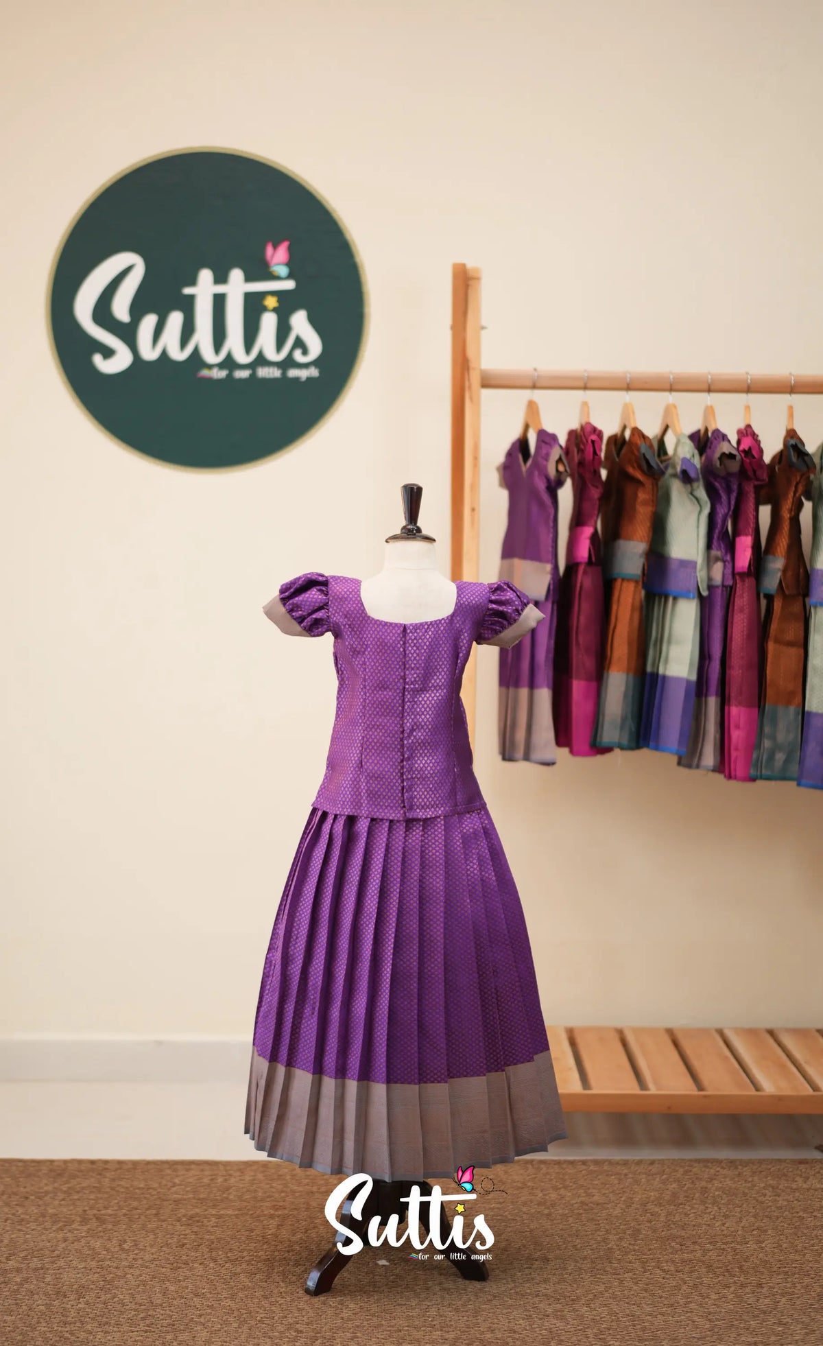 Blended Silk Pavadai Sattai - Purple and Grey - Kids-Suttis