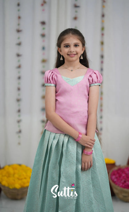 Blended Silk Pavadai Sattai Sky Blue and Baby Pink Kids Suttis