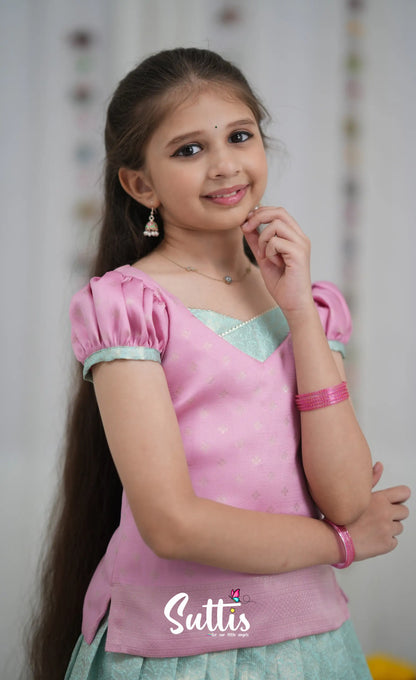 Blended Silk Pavadai Sattai Sky Blue and Baby Pink Kids Suttis