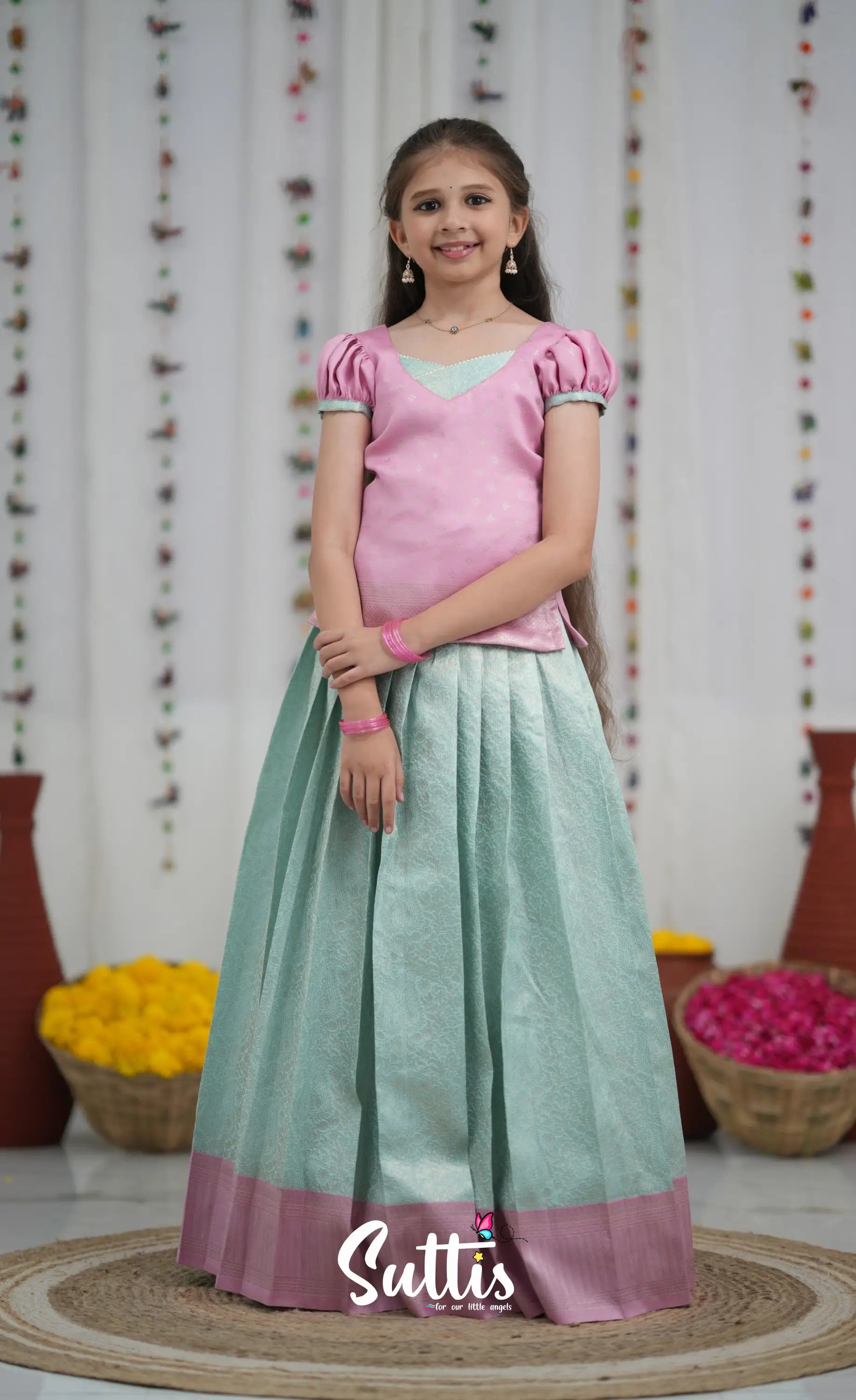 Blended Silk Pavadai Sattai Sky Blue and Baby Pink Kids Suttis
