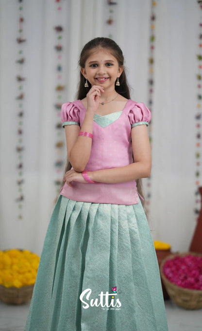 Blended Silk Pavadai Sattai Sky Blue and Baby Pink Kids Suttis