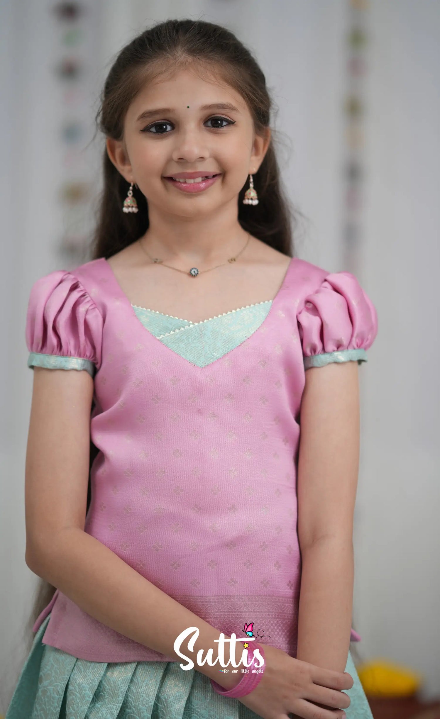 Blended Silk Pavadai Sattai Sky Blue and Baby Pink Kids Suttis