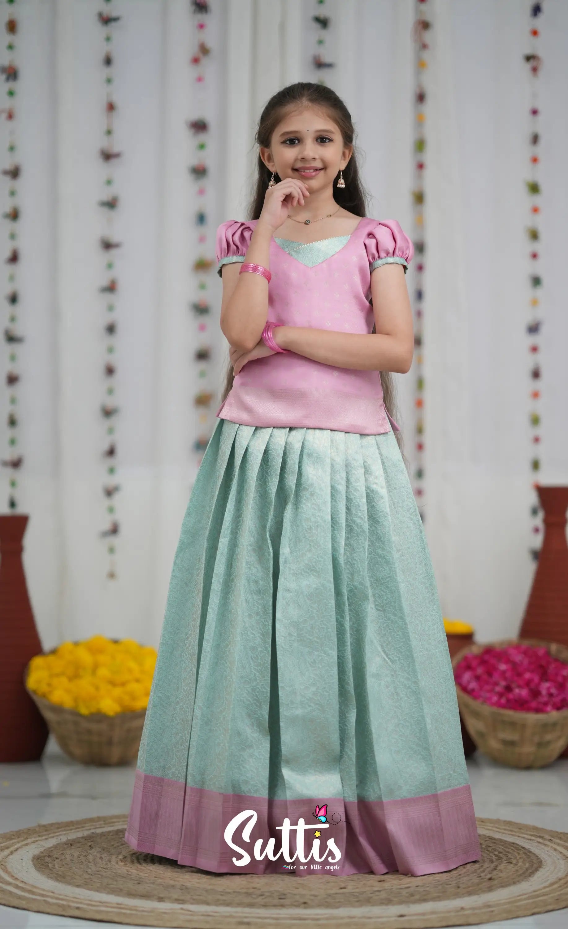 Blended Silk Pavadai Sattai Sky Blue and Baby Pink Kids Suttis