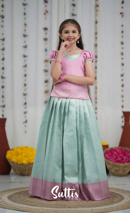 Blended Silk Pavadai Sattai Sky Blue and Baby Pink Kids Suttis