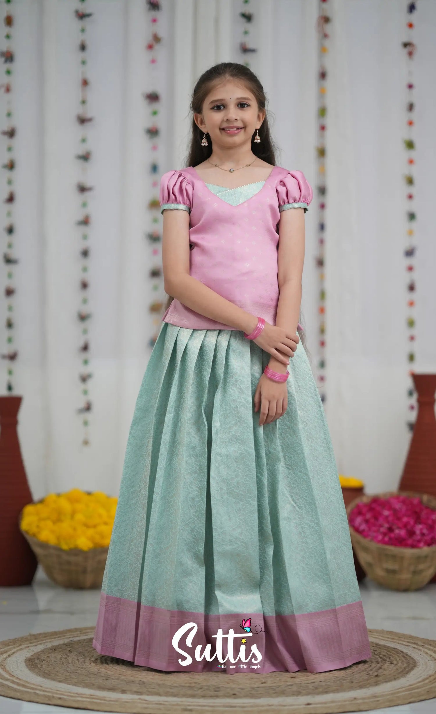 Blended Silk Pavadai Sattai Sky Blue and Baby Pink Kids Suttis