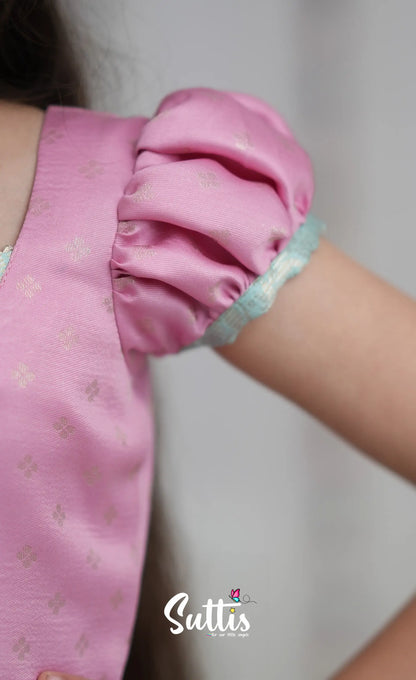 Blended Silk Pavadai Sattai Sky Blue and Baby Pink Kids Suttis