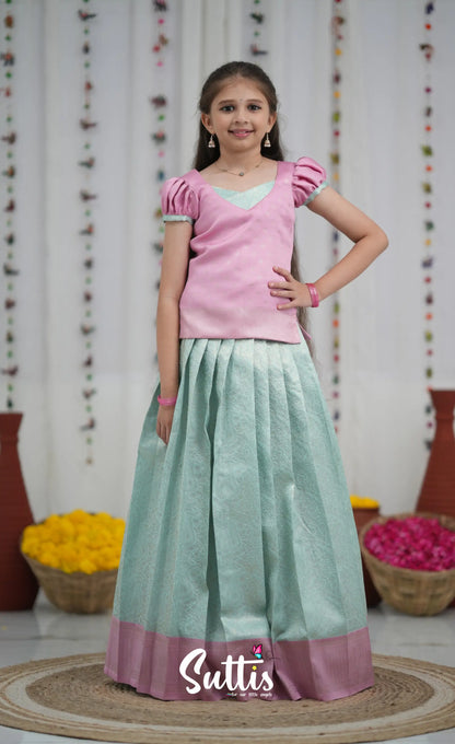 Blended Silk Pavadai Sattai Sky Blue and Baby Pink Kids Suttis