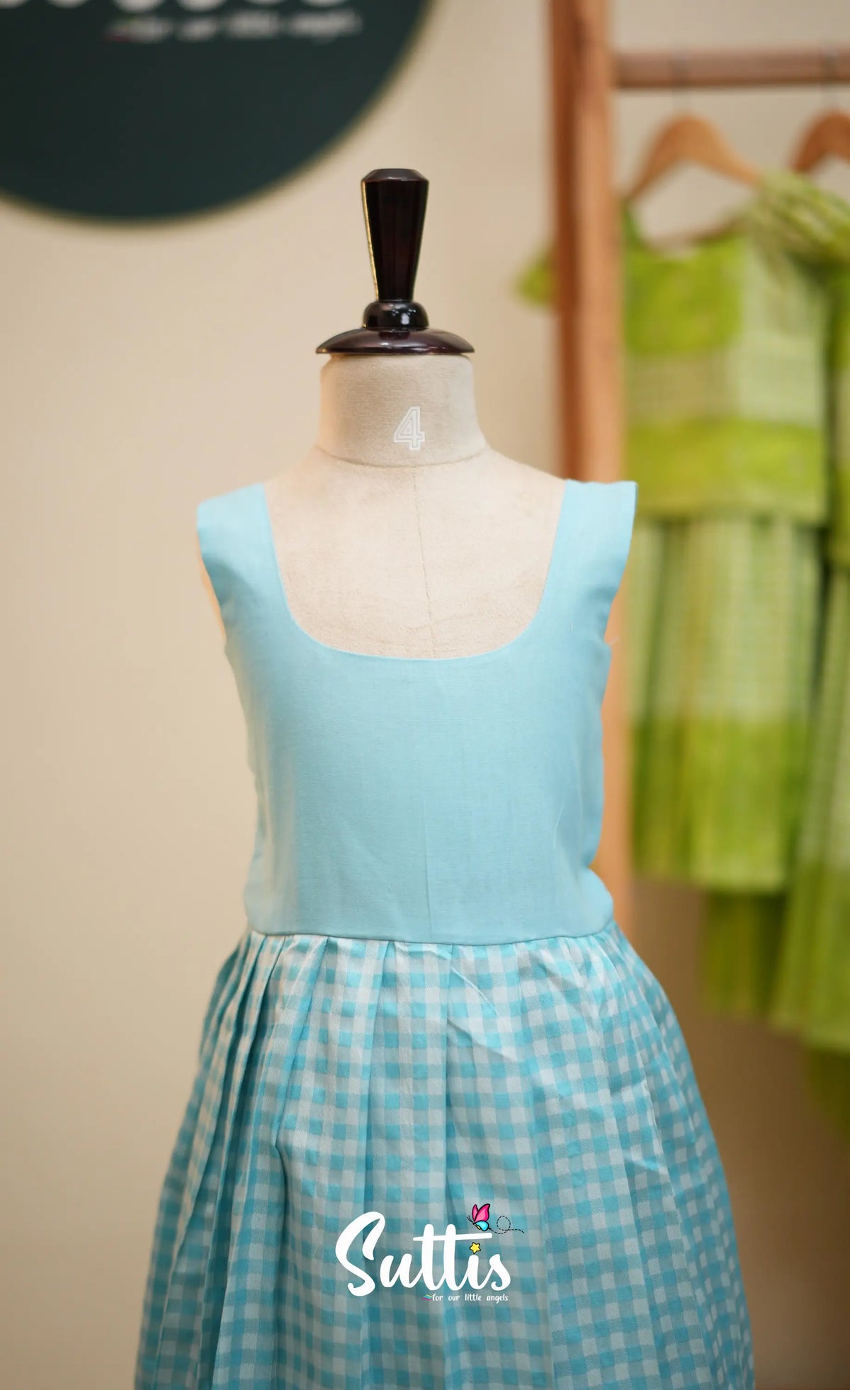 Blended Silk Pavadai Sattai - Sky Blue and White Checks - Kids-Suttis