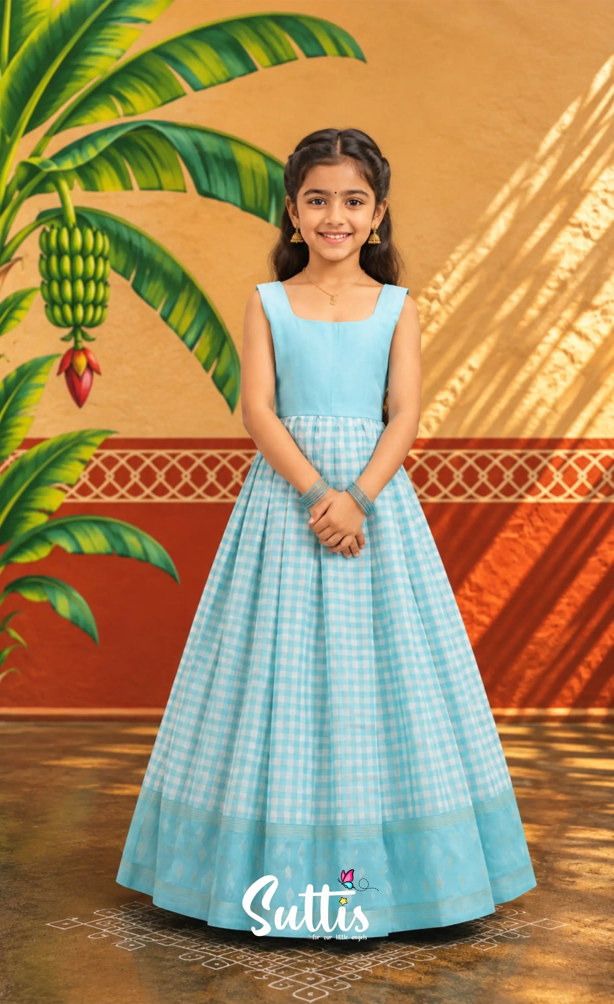 Blended Silk Pavadai Sattai - Sky Blue and White Checks - Kids-Suttis