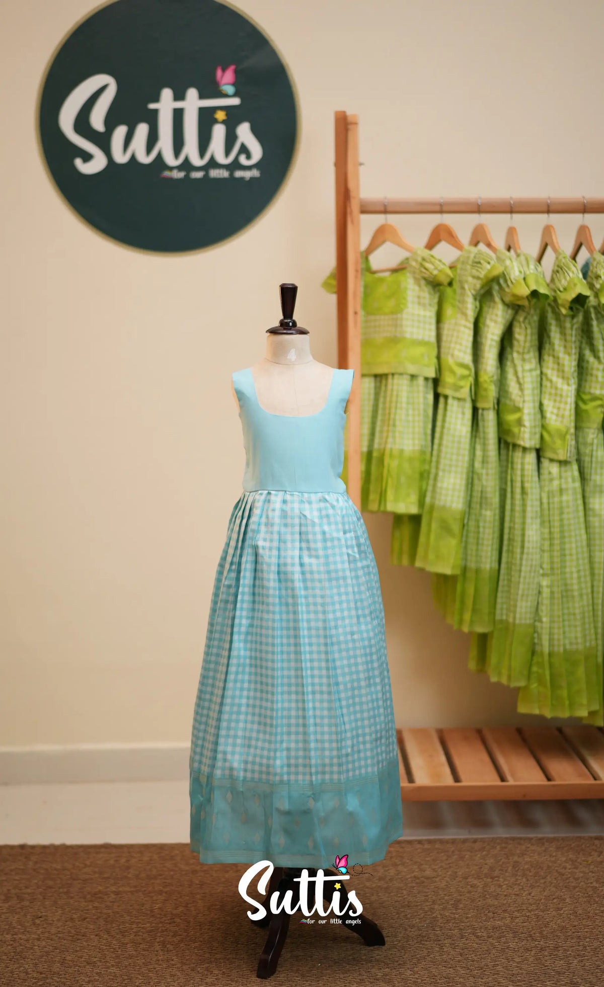 Blended Silk Pavadai Sattai - Sky Blue and White Checks - Kids-Suttis